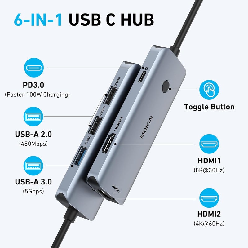 Mokin Docking Station USB C to Dual HDMI Adapter, USB C Hub Du al HD MI Monitors for Windows,US B C Adapter with Dual HDMI,3 USB Port,PD Compatible for Dell XPS 13/15, Lenovo Yoga,etc - Image 2